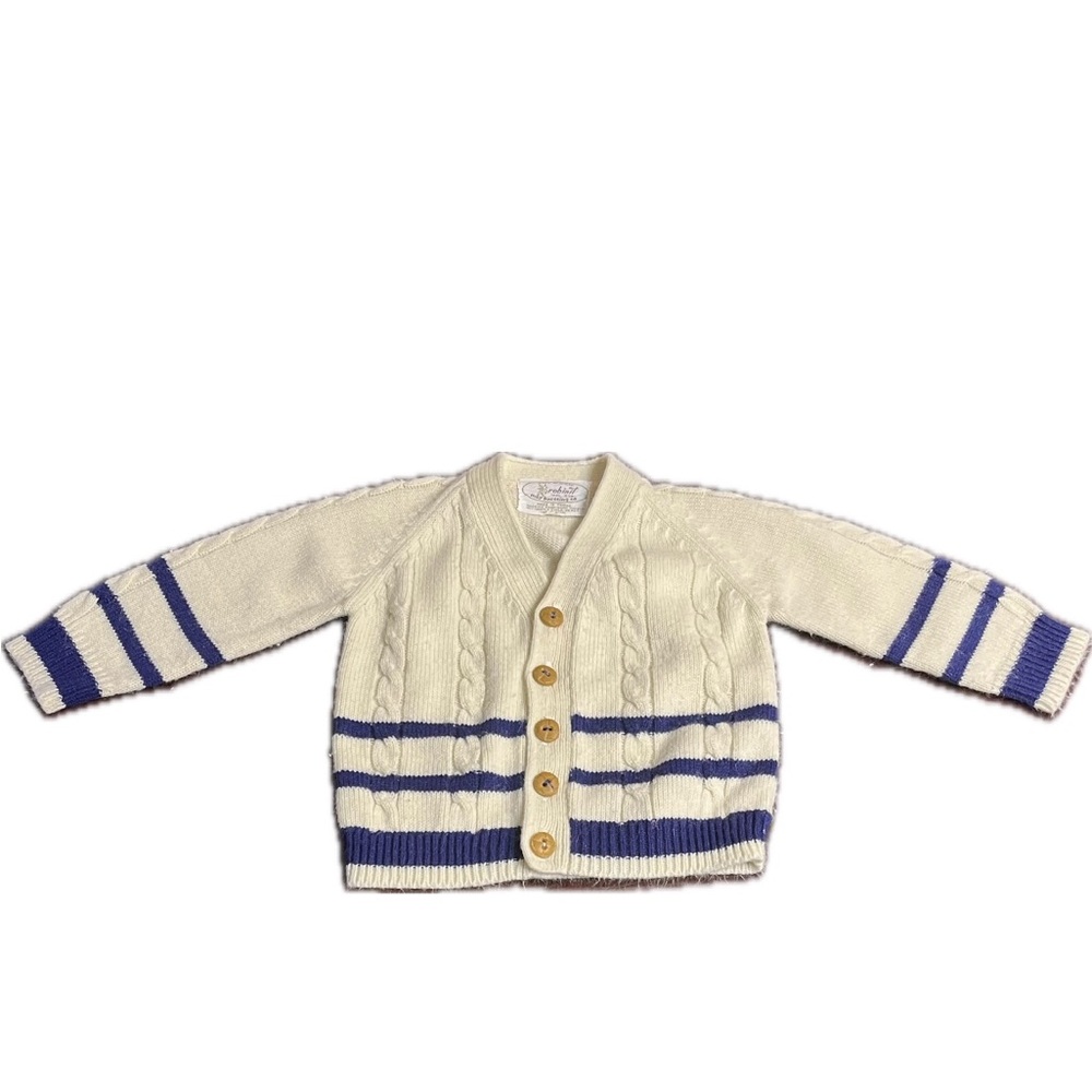 Vintage Baby boy acrylic sweater beige blue stripes Robinit May knitting co